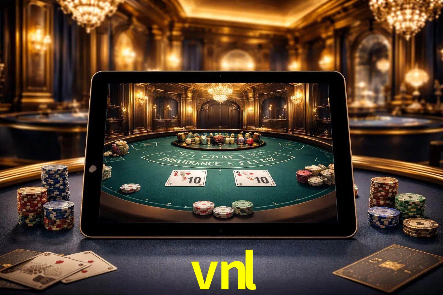 Configuración moderna de casino en vivo con una tableta mostrando una mesa de blackjack, luces cálidas de estudio y una atmósfera elegante de juegos digitales.