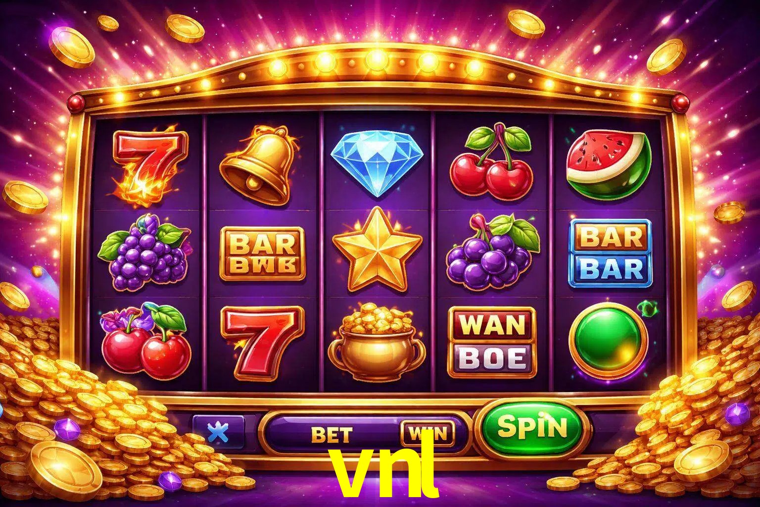 Una interfaz colorida de tragamonedas en línea con símbolos brillantes, monedas y un efecto de victoria celebratoria en vnl.