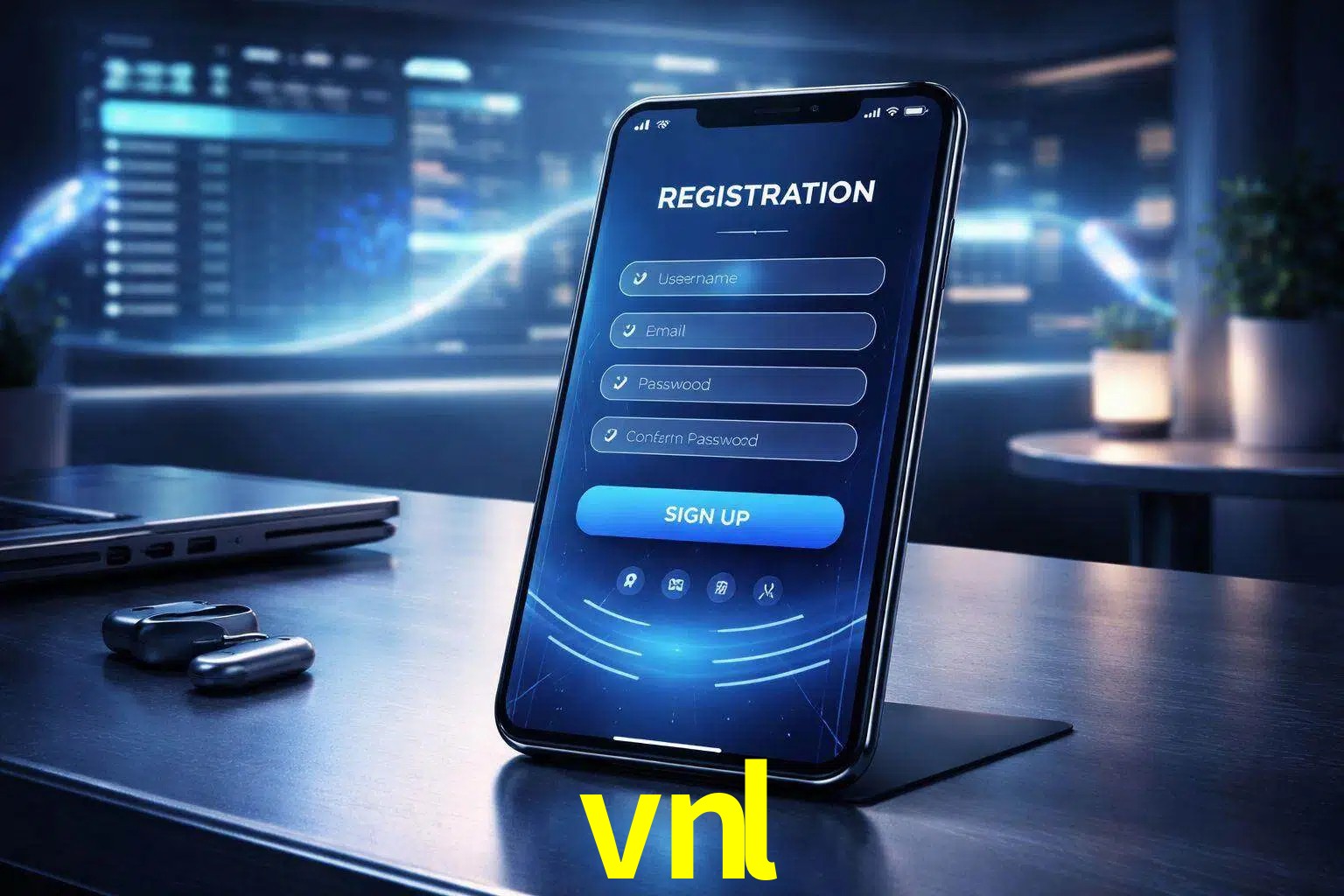 Una interfaz moderna de registro móvil para vnl mostrada en un smartphone con un panel de apuestas elegante.